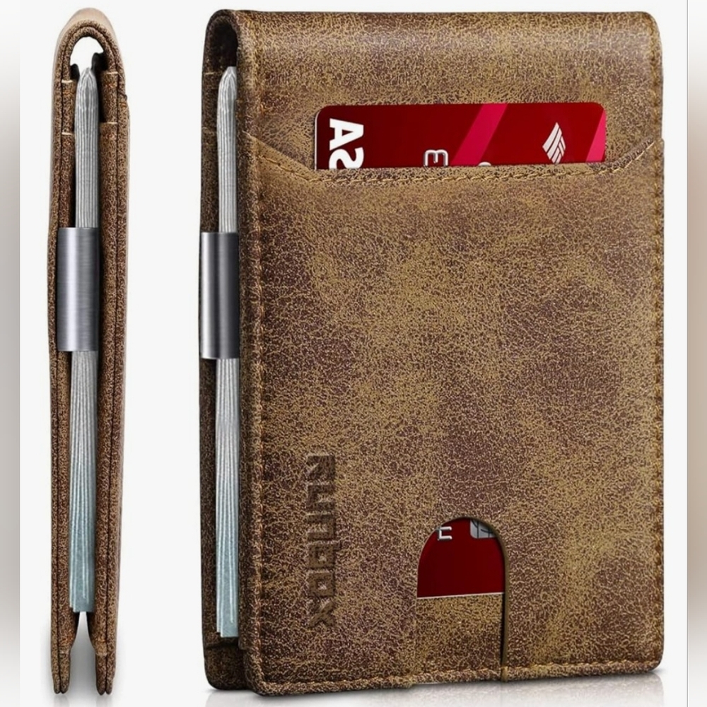RUNBOX Mens SLIM Compact Thin BIFOLD Leather Wallet Brown RDIF Blocker Bifold